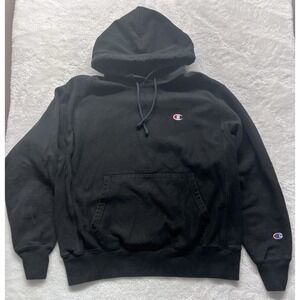 Champion Hoodie Mens Medium‎ Black Reverse Weave Pullover Sweater Sweatshirt y2k